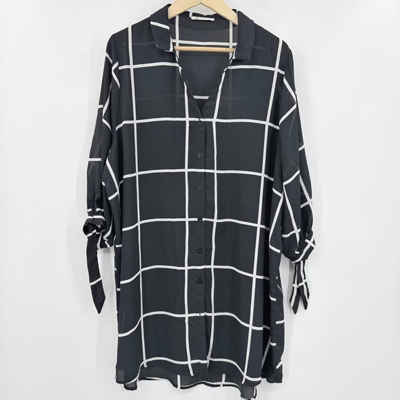 Cupshe Dresses & Skirts - CUPSHE Black White Windowpane Plaid Button Down Chiffon Tunic Cover Up Dress LG